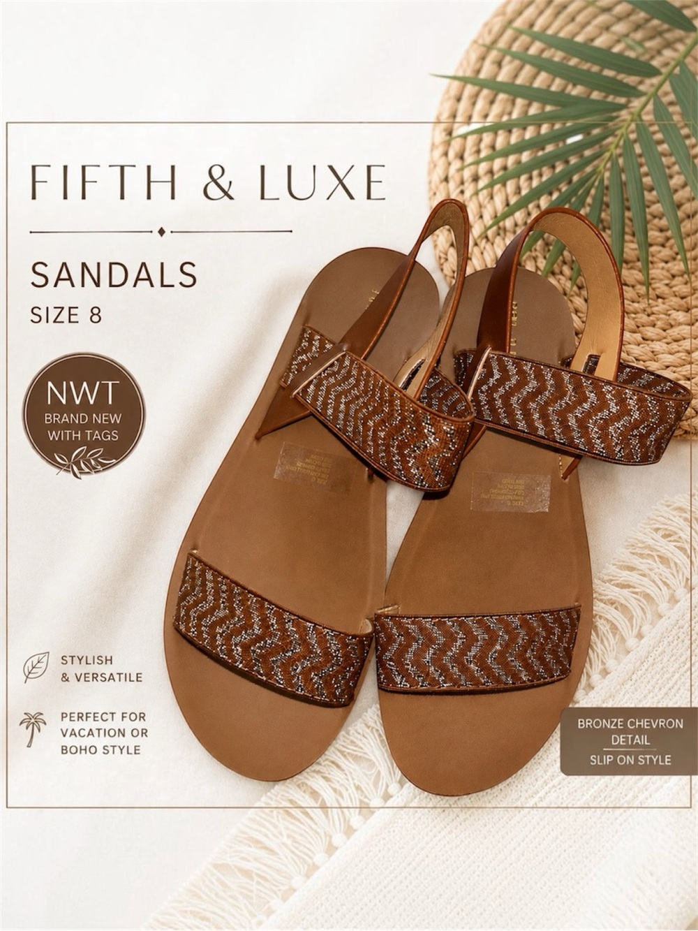 New Fifth & Luxe Bronze Brown Gold Slingback Sandals Size 8 Vacation Boho